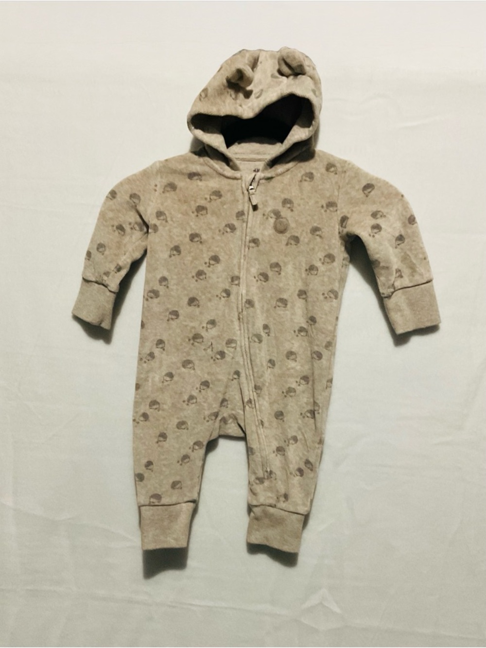 Cozy Hooded Baby One-Piece in Light Taupe Sz 4-6 MONTHS